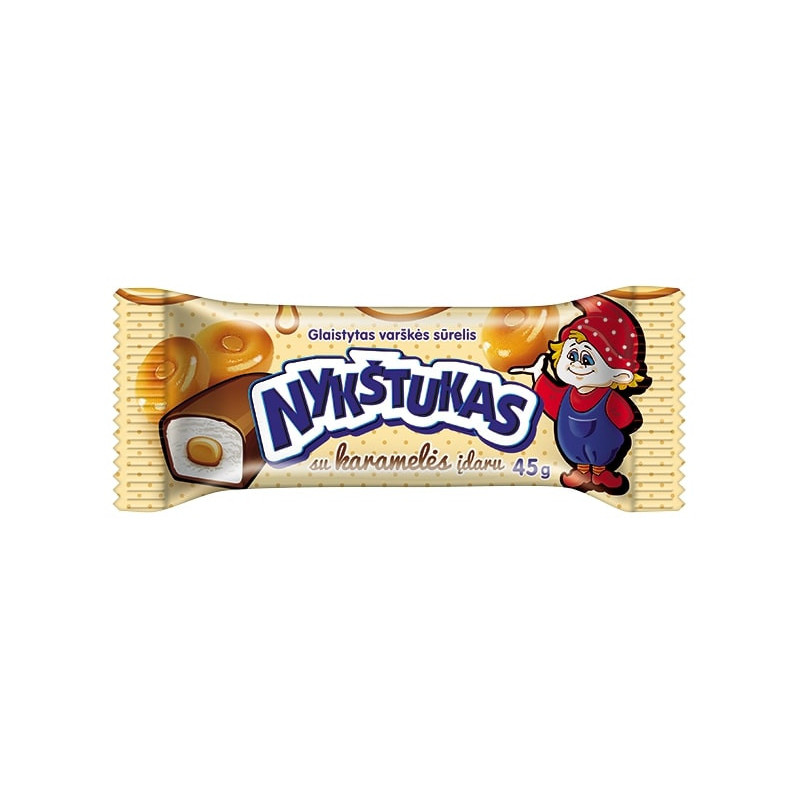 Glaistytas varškės sūrelis NYKŠTUKAS su karamelės įdaru 21% 45g