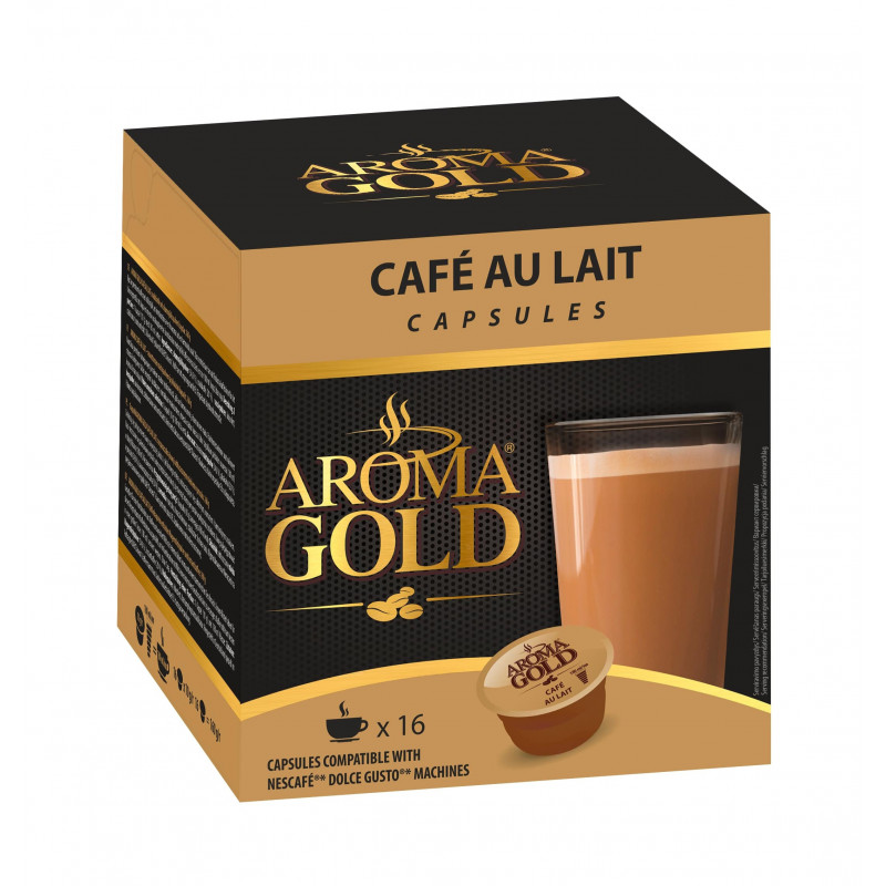 Nugriebto pieno miltelių ir tirpios kavos kapsulės   Aroma Gold  Cafe Au Lait 160g 16vnt