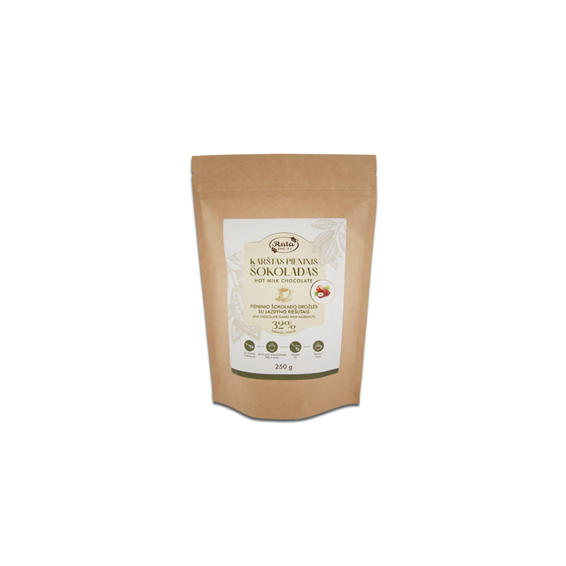 Karštas pieninis šokoladas ''Rūta'',pieninio šokolado drožlės su lazdyno riešutais 32%,250g