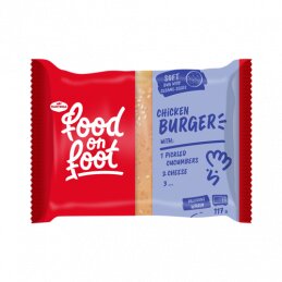 Šaldytas mėsainis su vištienos kotletuku, marinuotais agurkais ir sūriu 117g.