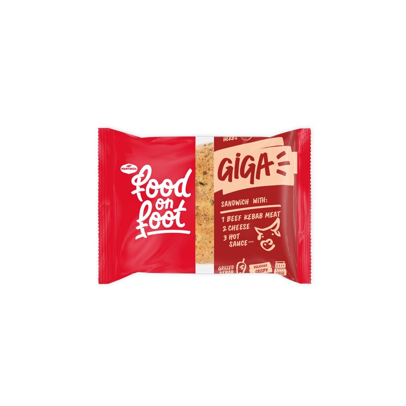 Sumuštinis GIGA  su jautienos kebabo mėsa, sūriu ir aštriu padažu, 255g