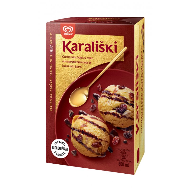 Ledai KARALIŠKI 800ml/430g grietininiai su rome mirkytomis razinomis