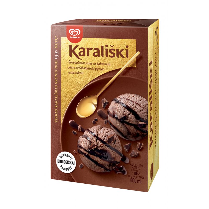 Ledai Karališki 800ml/435g šokoladiniai su kakaviniu įdaru ir šokoladinio pyrago gabaliukais