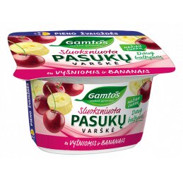 Sluoksniuota pasukų varškė "Gamtos" su vyšniomis ir bananais, 130g, 2% rieb.
