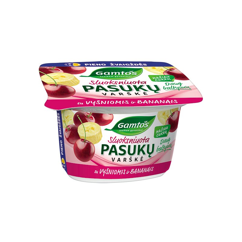 Sluoksniuota pasukų varškė "Gamtos" su vyšniomis ir bananais, 130g, 2% rieb.